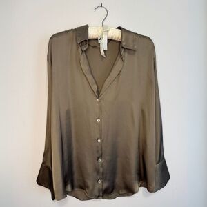 Zara Olive Green Flows Button Down Blouse Women's Size XL